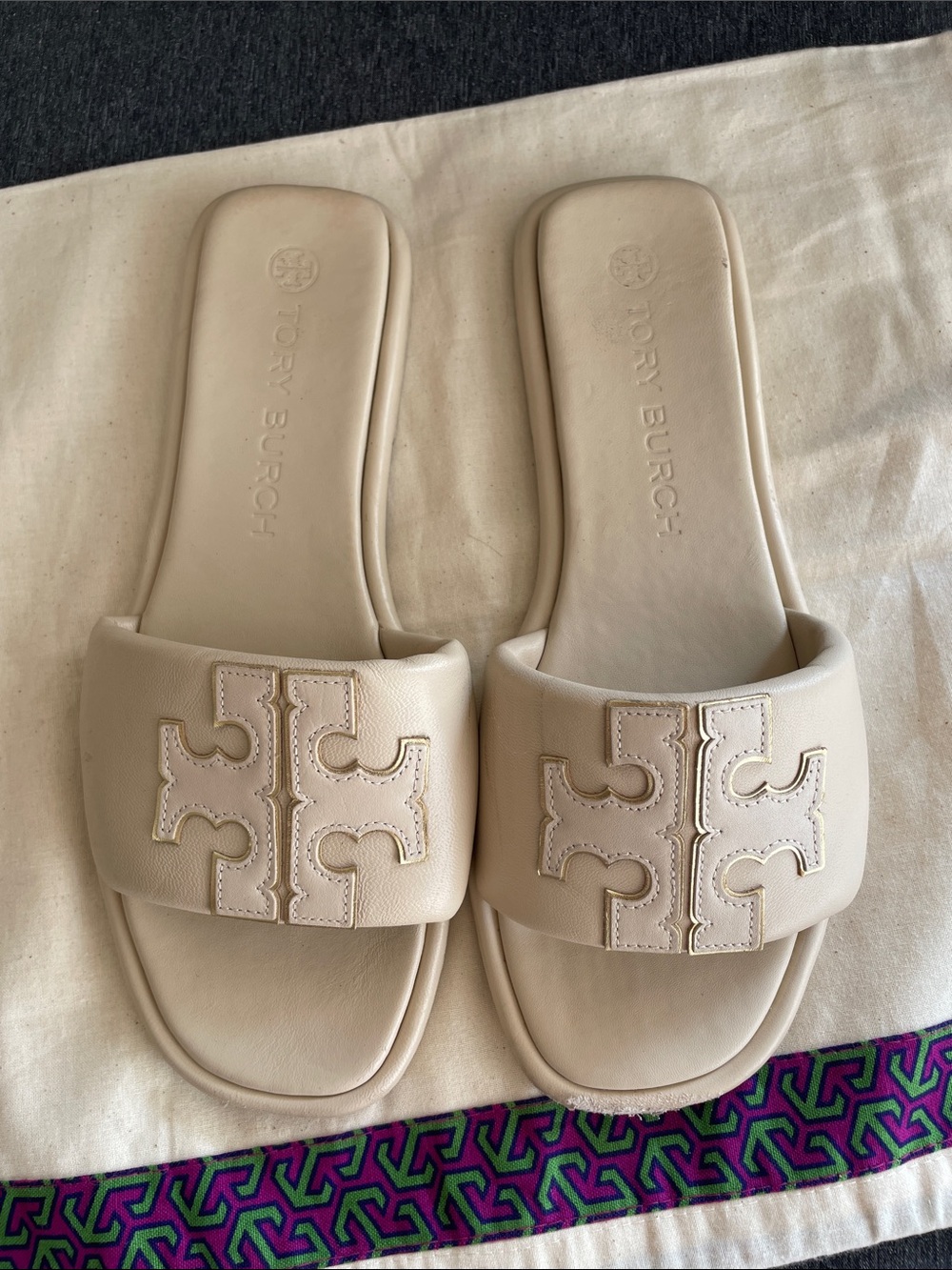 Tory Burch Double T sport slides cream leather 10 comfy sandals flats